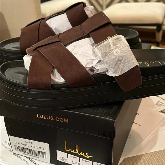 Lulus Surie Chocolate Brown Suede Strappy Flatform Slide Sandals/NIB/Size 8 - Picture 10 of 15